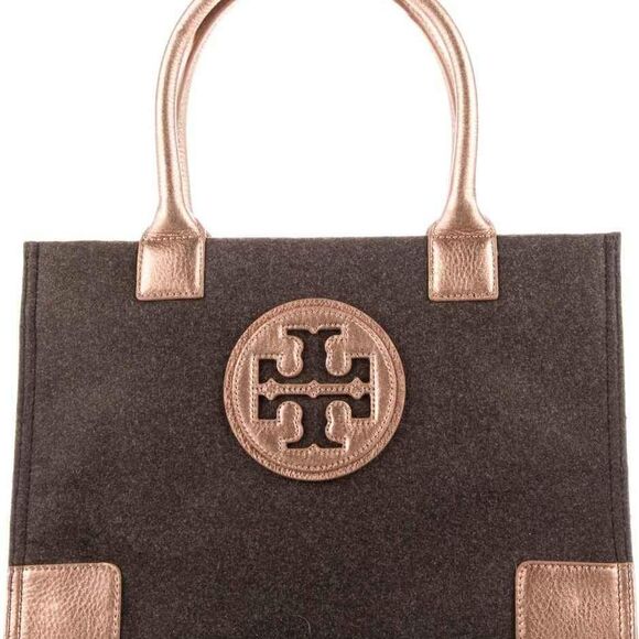Tory Burch ELLA Wool Leather Trim Large Brown Gold Tote Bag Purse Handbag - Picture 1 of 9
